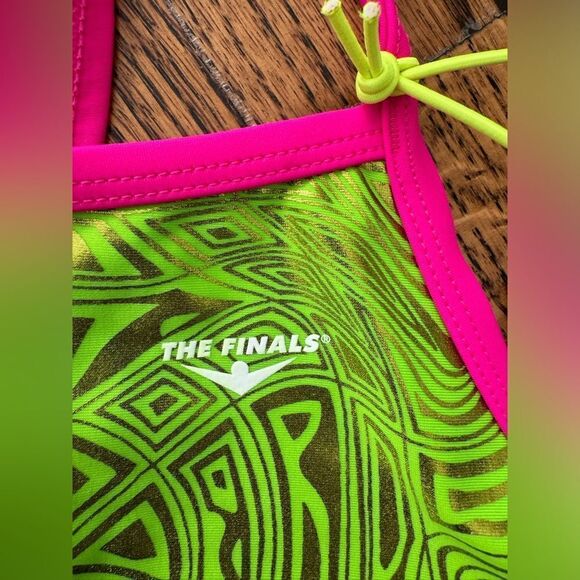NWT New THE FINALS Athletic Racing Swimsuit Neon Green Hot Pink Gold Metallic - Picture 2 of 5